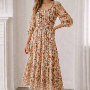 Floral Tiered Maxi Dress in Cream and Orange